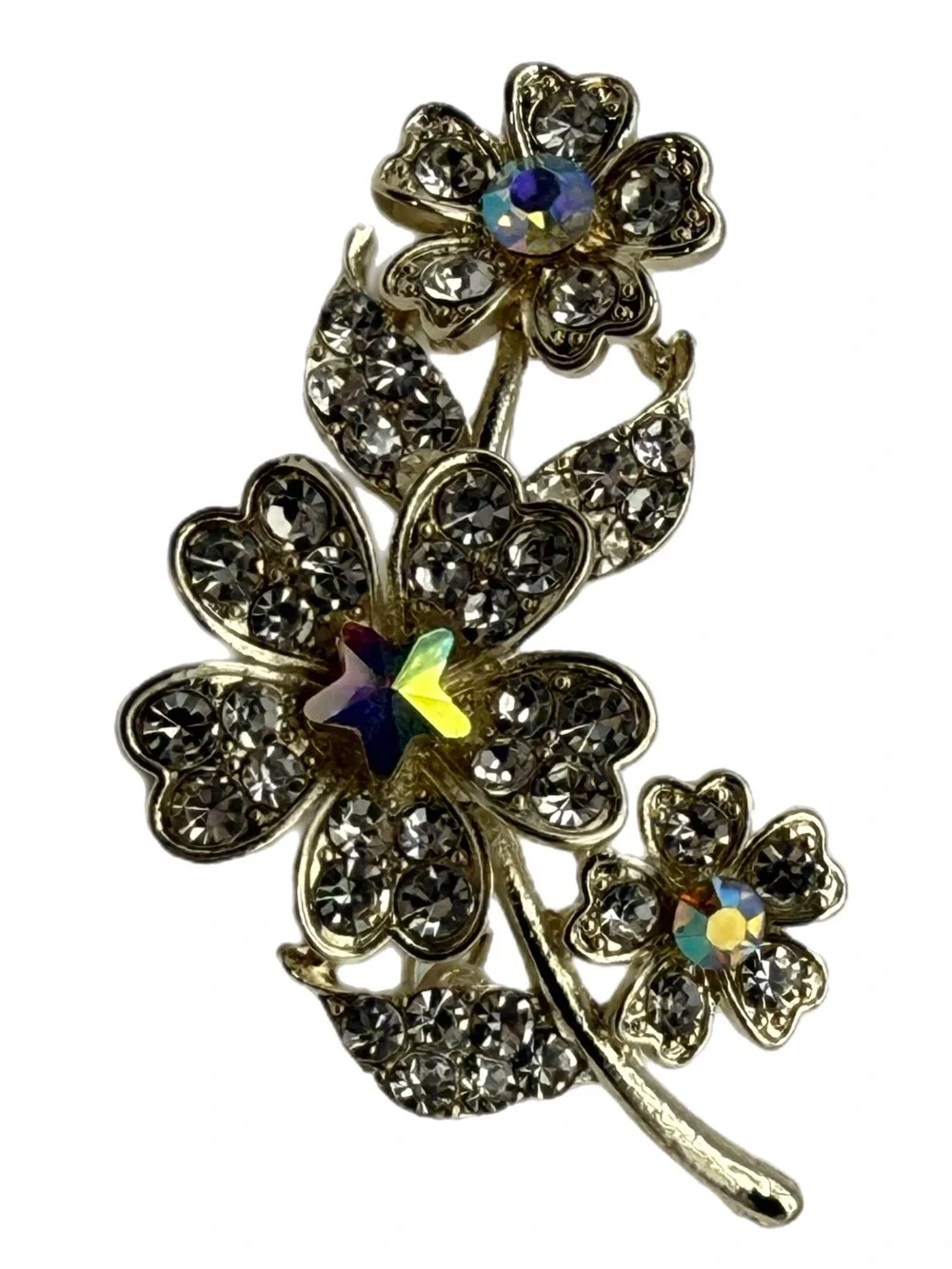 Gold-Tone Crystal Flower Brooch with‎ Aurora Borealis Centers
